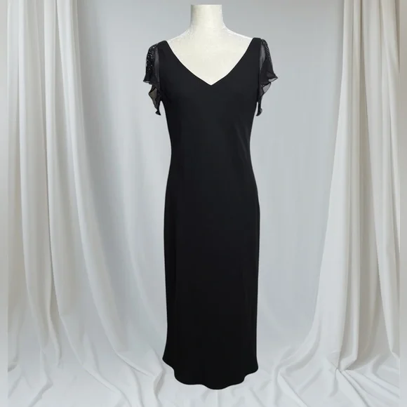 Jones New York Black Formal Long Dress Beaded Silk Trim Womens Size 12 V  Neck